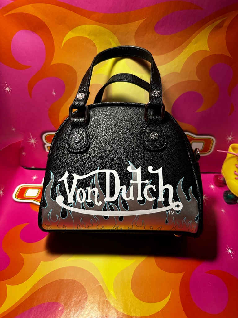 Von Dutch Black Mini Handbag With White Logo And Blue-Grey Flame Accent